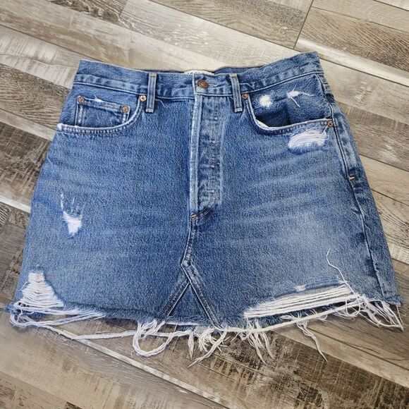 Agolde Quinn High Rise Distressed Denim Mini Skirt Size 27 - Picture 2 of 7